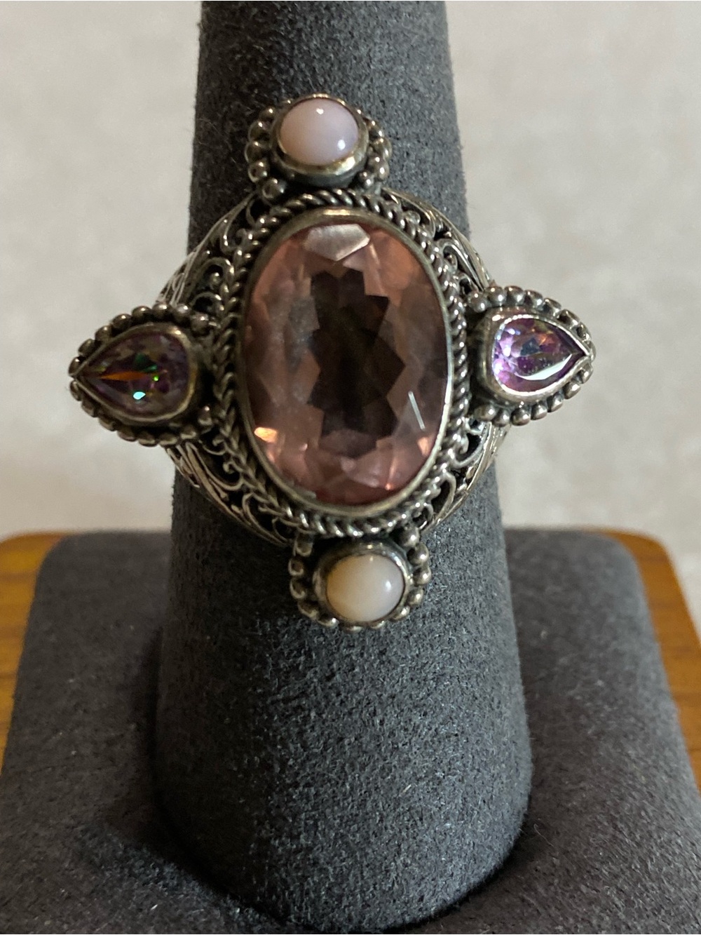 Sarda Sterling Silver Morganite & Pink Opal Accent Statement Ring